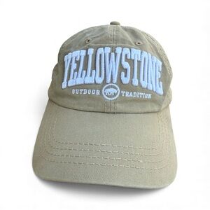 Yellowstone Strapback Hat Khaki Gorpcore Dad Hat white embroidered text & bison